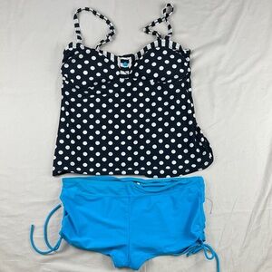 Polka Dot Navy Tankini Top with Bright Blue Swim Shorts